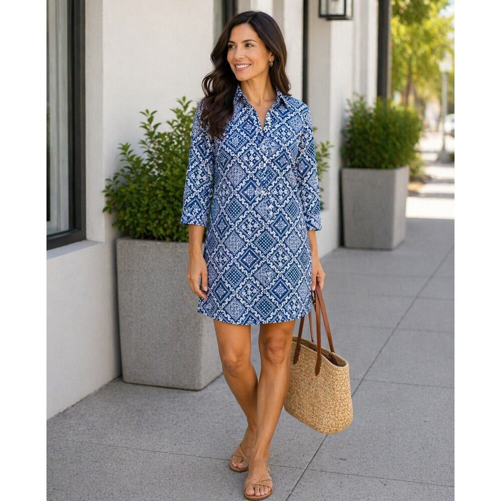 REYN SPOONER Women's XS Shirt DRESS Long Sleeves Collared Neck COTTON Blue